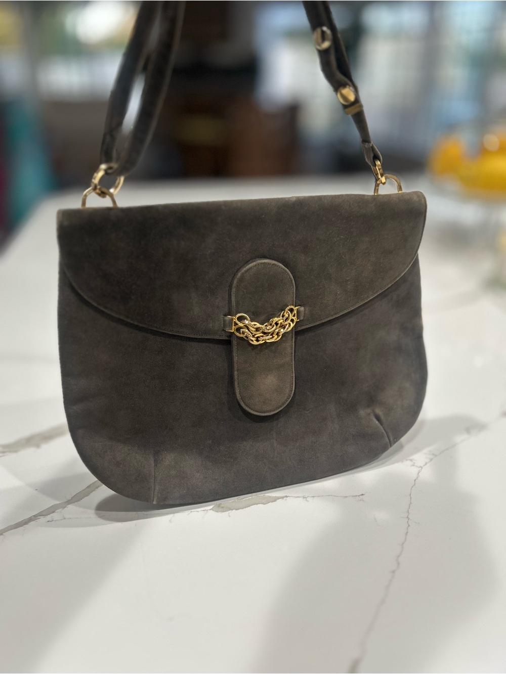 Vintage Saks Fifth Avenue Green/Gray Suede Shoulder Bag with Gold Chain Accent